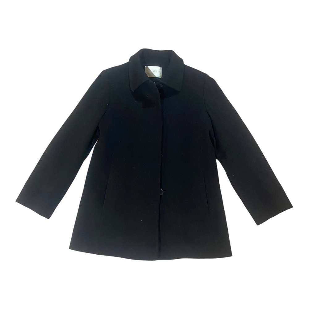 Fleurette Stand Collar Belted Jacket 100% Wool Black Sz 10